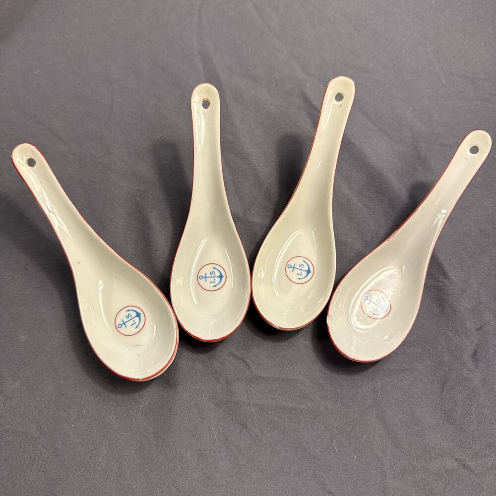 Vintage Chinese Porcelain Soup Spoon Blue Nautical Anchor Logo L